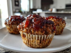 Four savory mini meatloaf muffins topped with a shiny, dark glaze served on a white plate.