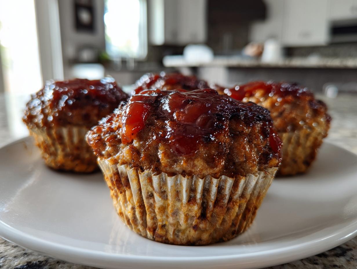 Four savory mini meatloaf muffins topped with a shiny, dark glaze served on a white plate.