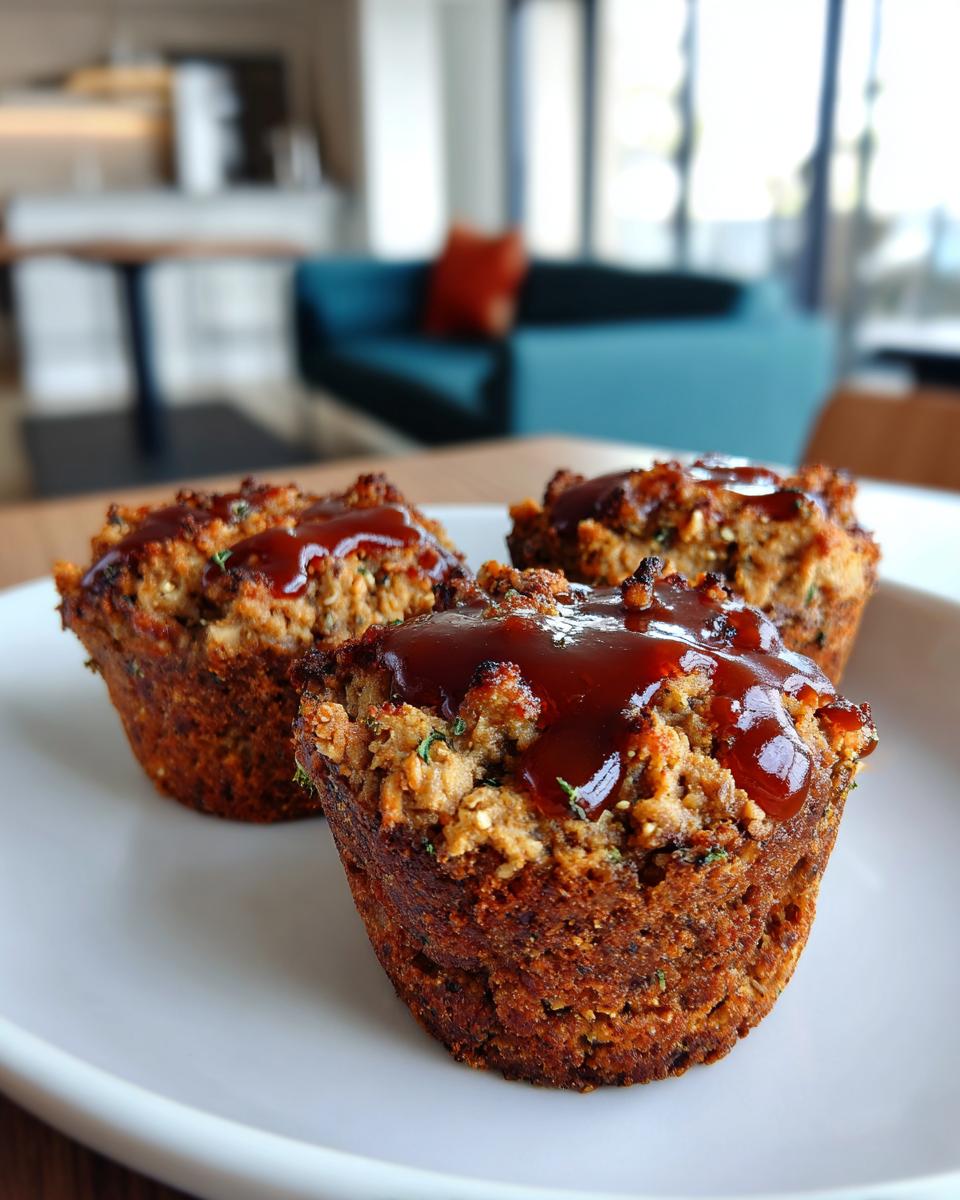 Three individual mini meatloaf portions baked in muffin tins, topped with a rich, glossy brown glaze.