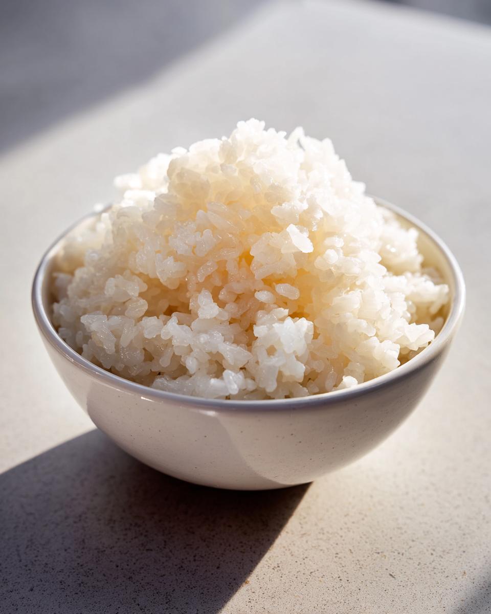 A close-up of a small white bowl filled with perfectly cooked, glossy sushi rice, highlighted by bright sunlight.
