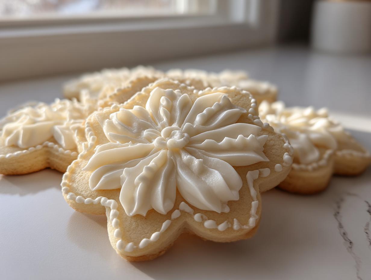 Close-up of a star-shaped sugar cookie decorated with piped white frosting using a 5-minute sugar cookie icing recipe.