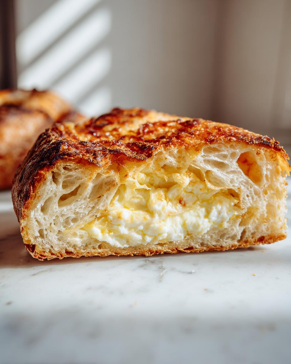 Close-up of a cross-section of amazing egg toast showing a thick, creamy yellow egg filling inside golden, airy bread.