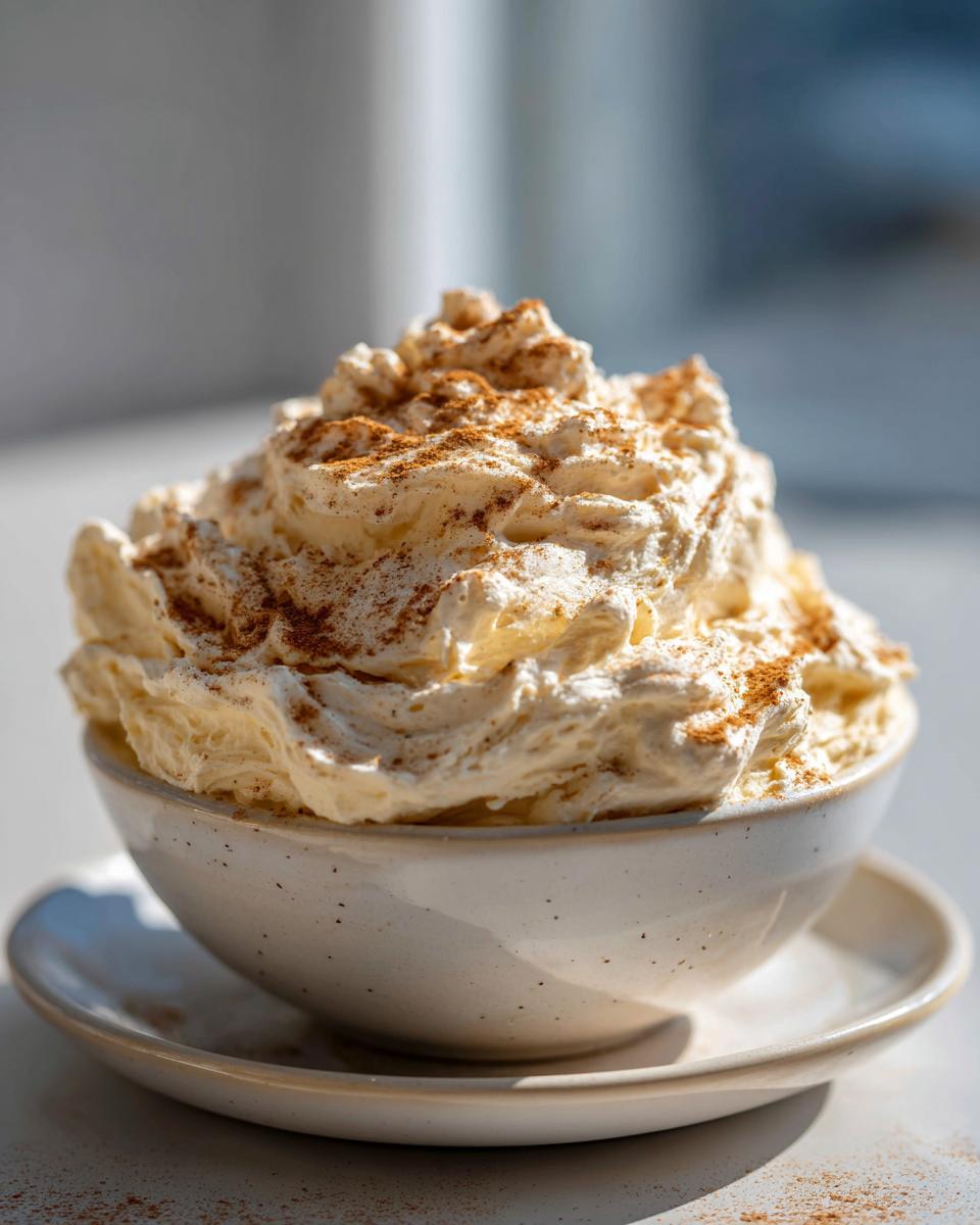 A close-up of fluffy, whipped honey butter generously topped with ground cinnamon in a small ceramic bowl.
