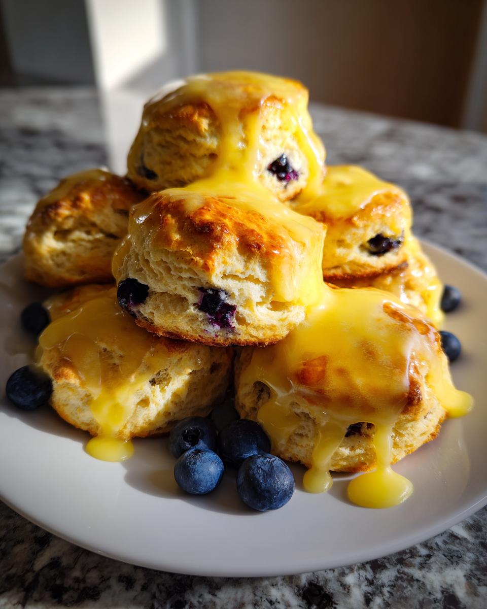 A stack of fluffy lemon blueberry scones generously drizzled with bright yellow lemon glaze, garnished with fresh blueberries.