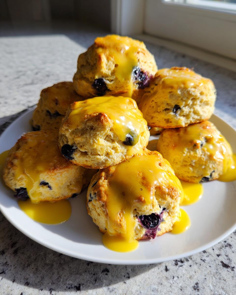 A stack of fluffy lemon blueberry scones generously topped with a bright yellow lemon glaze.
