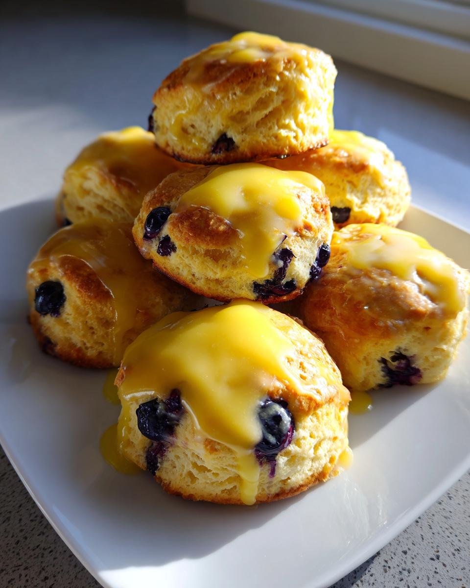 A stack of fluffy lemon blueberry scones drizzled generously with a bright yellow lemon glaze.