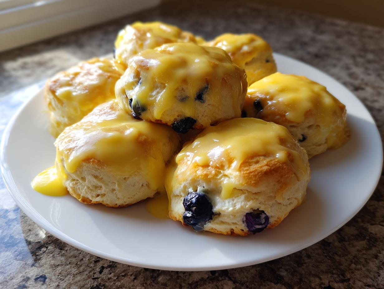 A stack of fluffy lemon blueberry scones generously topped with a bright yellow lemon glaze.
