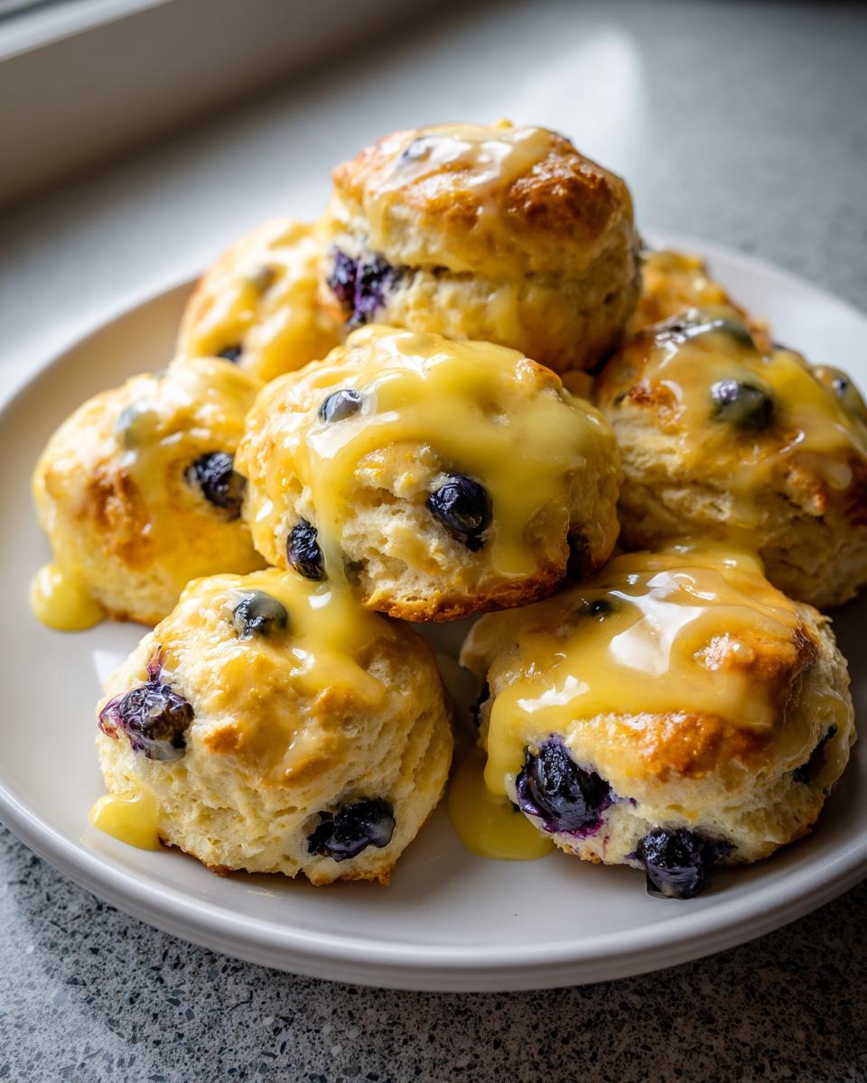 A stack of fluffy lemon blueberry scones drizzled generously with a bright yellow lemon glaze.