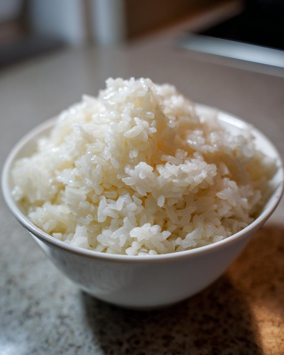 Close-up of a white bowl filled with perfectly cooked, glossy sushi rice, ready for preparation.