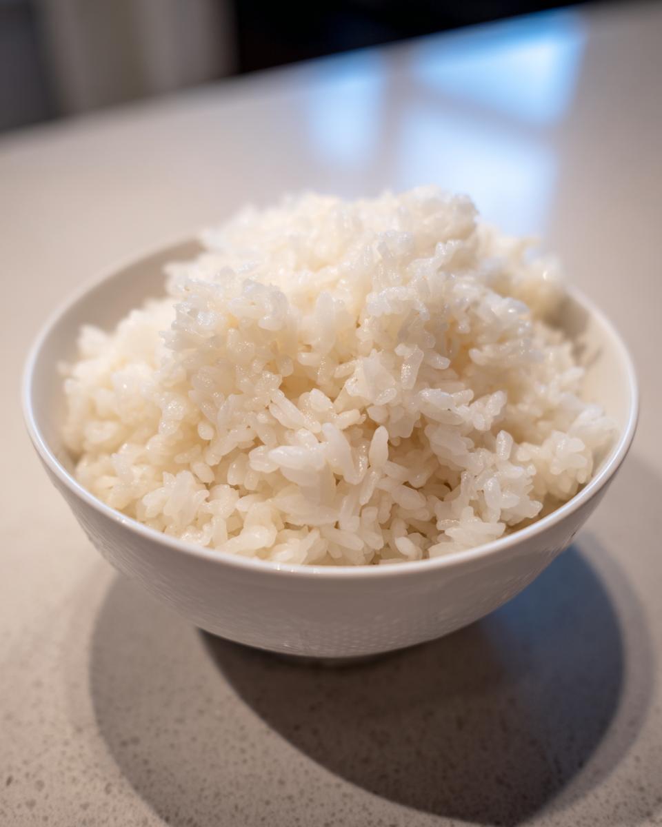 Close-up of a white bowl filled with perfectly cooked, glossy sushi rice, ready for seasoning.