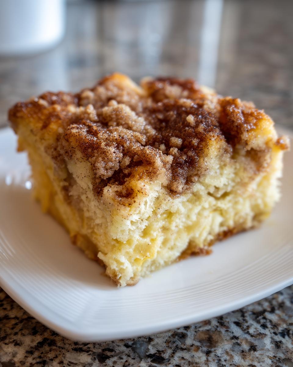Close-up of a square slice of moist french toast casserole topped with cinnamon streusel.