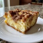 A close-up of a square slice of moist french toast casserole topped with cinnamon streusel sugar.