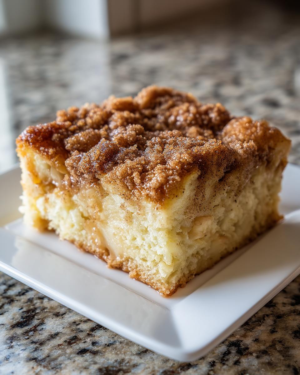 A square slice of baked french toast casserole topped with a thick, sugary cinnamon streusel.