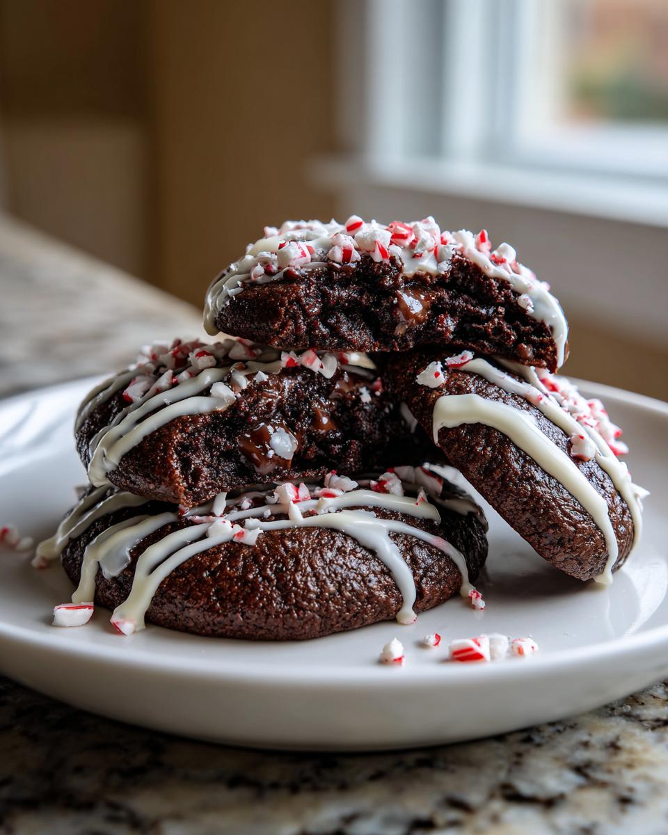 A stack of fudgy double chocolate peppermint cookies drizzled with white icing and topped with crushed candy canes.