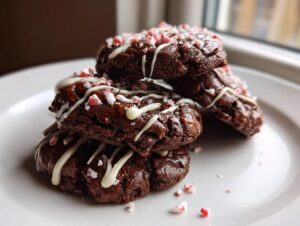 A stack of four fudgy double chocolate peppermint cookies drizzled with white chocolate and topped with crushed candy canes.