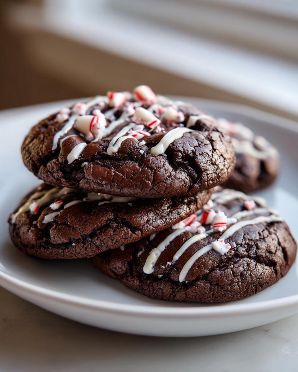 A stack of three fudgy double chocolate peppermint cookies drizzled with white icing and topped with crushed candy canes.