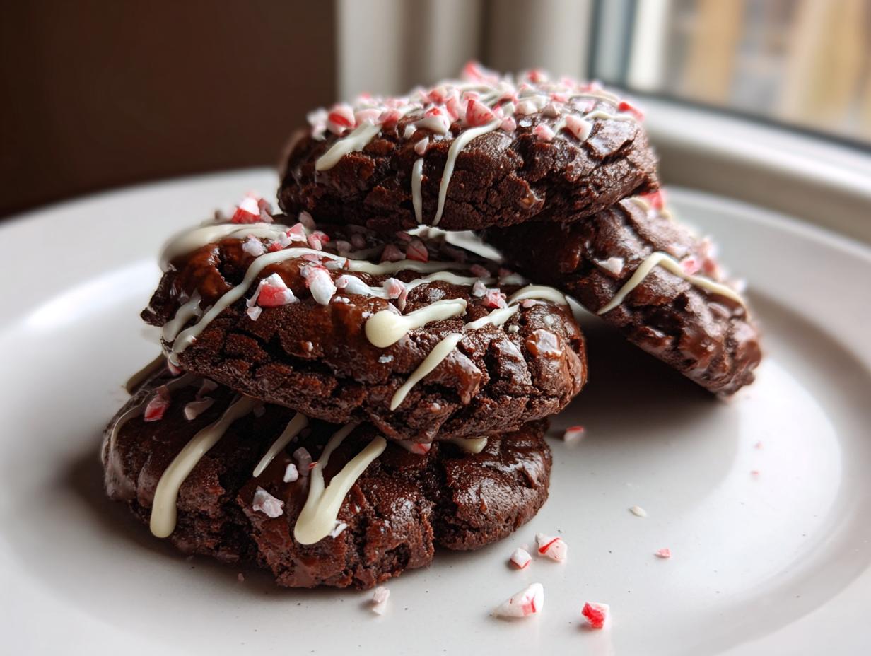 A stack of four fudgy double chocolate peppermint cookies drizzled with white chocolate and topped with crushed candy canes.