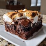 Close-up of a fudgy hot chocolate brownies square topped with gooey, toasted marshmallow.