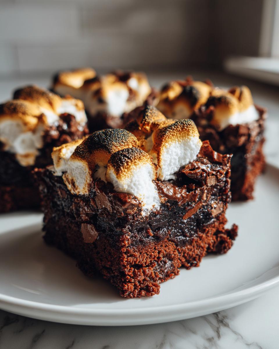 Close-up of a fudgy hot chocolate brownies square topped with perfectly toasted marshmallows.