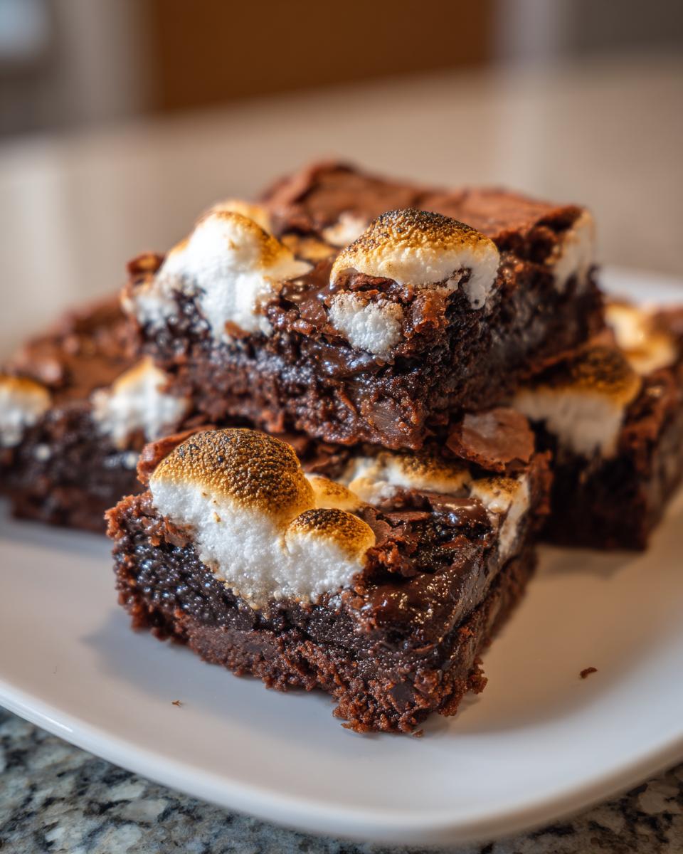 Close-up of fudgy hot chocolate brownies stacked on a white plate, topped with toasted marshmallows.
