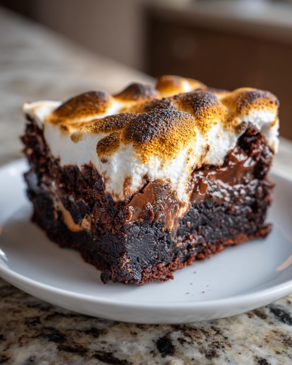 A close-up of a fudgy hot chocolate brownies slice topped with perfectly toasted, gooey marshmallows.