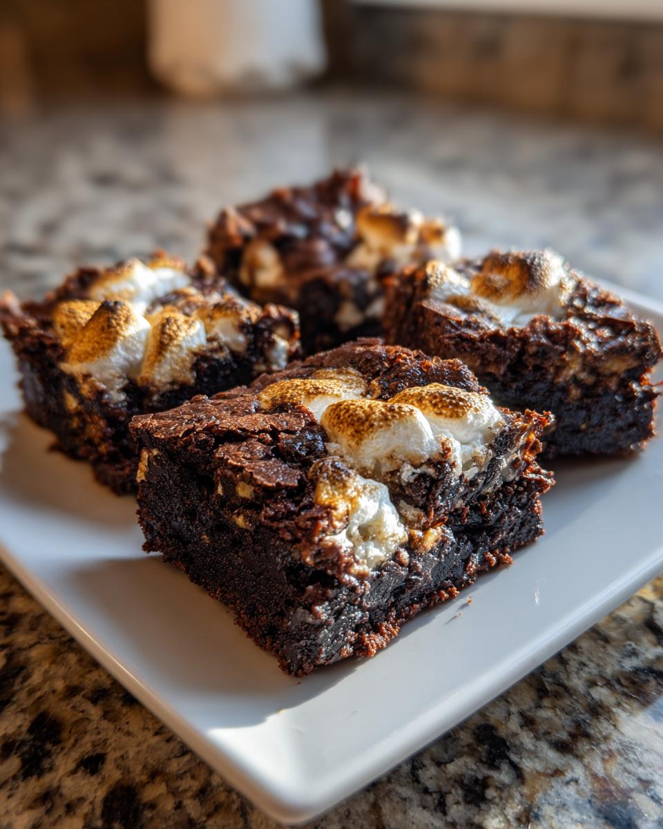 Close-up of fudgy hot chocolate brownies topped with perfectly toasted marshmallows on a white plate.