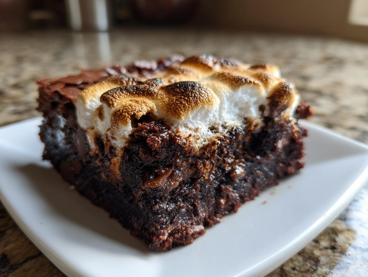 Close-up of a fudgy hot chocolate brownie slice topped with perfectly toasted marshmallows.