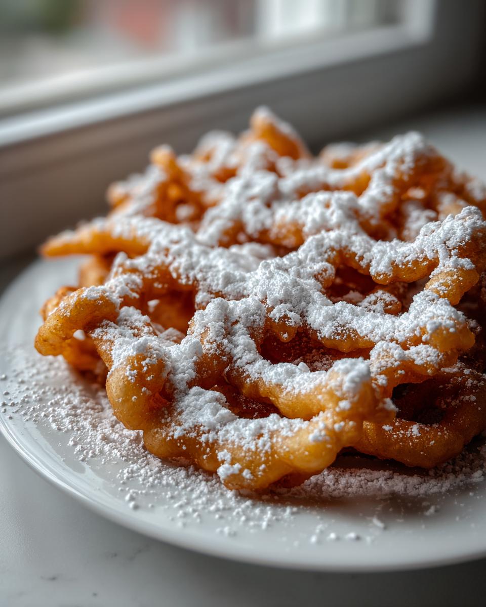 A close-up of a golden brown, freshly fried funnel cake recipe creation generously dusted with powdered sugar on a white plate.