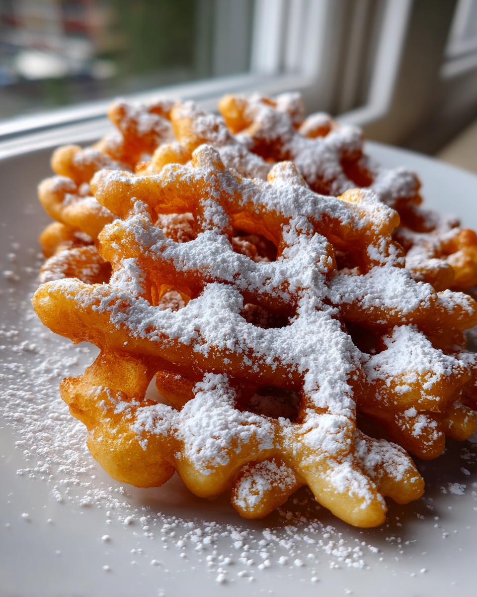 Close-up of golden brown, freshly fried funnel cake recipe generously dusted with white powdered sugar.
