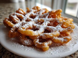 Close-up of a freshly made, golden brown funnel cake recipe dusted generously with white powdered sugar on a white plate.