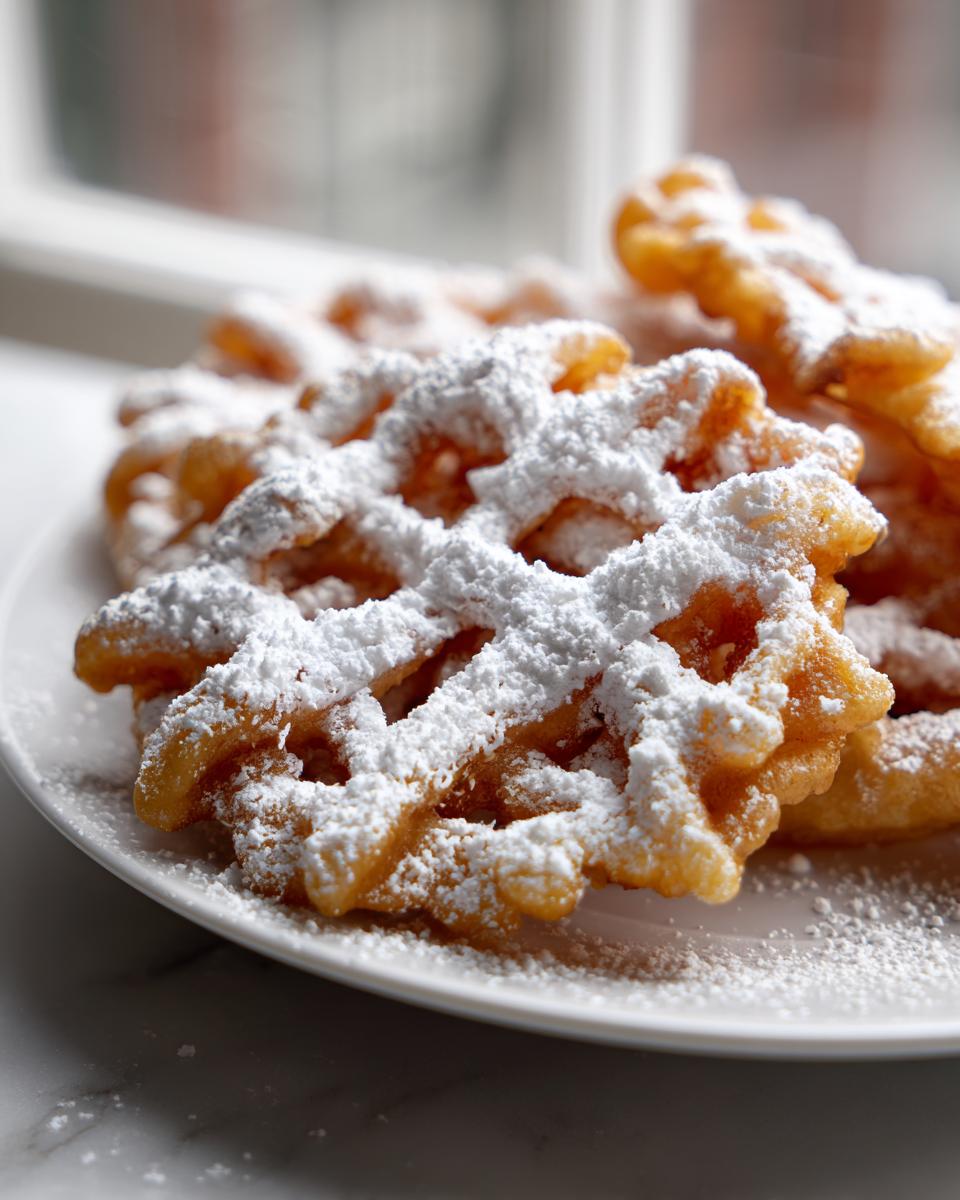 Close-up of golden brown funnel cake recipe pieces heavily dusted with powdered sugar on a white plate.