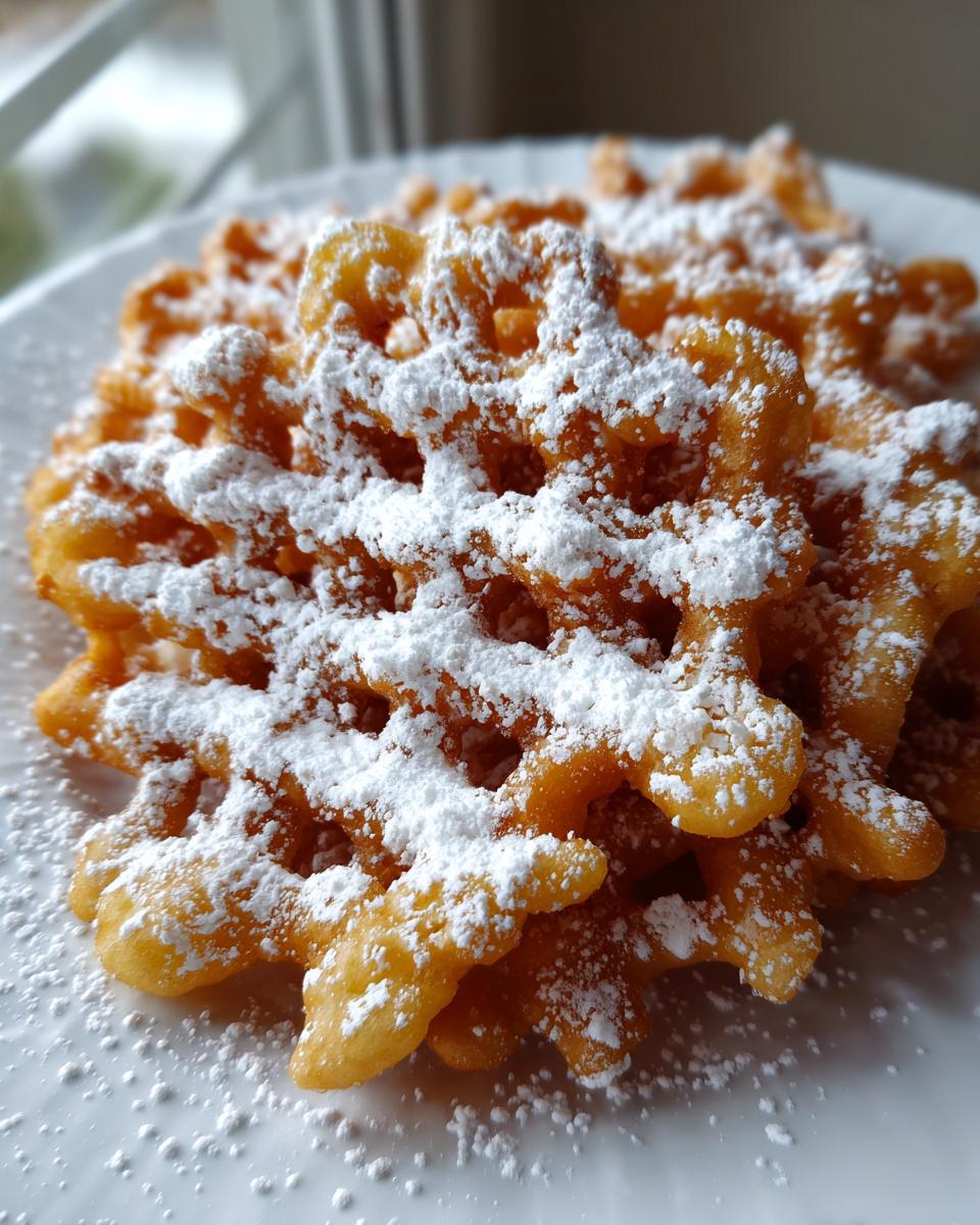 Close-up of a freshly made funnel cake recipe, golden brown and heavily dusted with white powdered sugar.