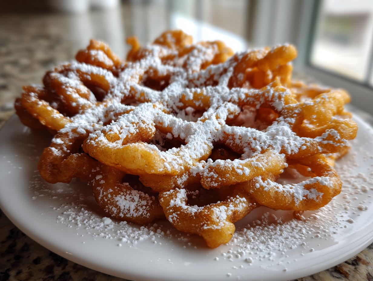 Close-up of a freshly made, golden brown funnel cake recipe dusted generously with white powdered sugar on a white plate.