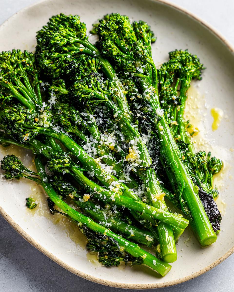 Close-up of roasted broccolini stalks topped with grated Parmesan cheese and lemon garlic dressing.