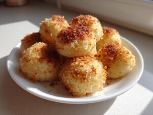 A plate of freshly made potato dumplings coated in toasted, golden-brown breadcrumbs.