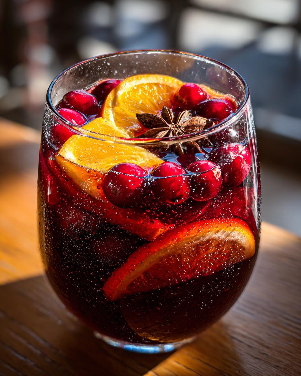 Close-up of a glass filled with dark red holiday sangria, garnished with orange slices, whole cranberries, and star anise.