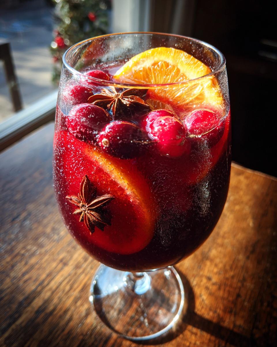 Close-up of a glass of deep red holiday sangria garnished with fresh cranberries, orange slices, and star anise.