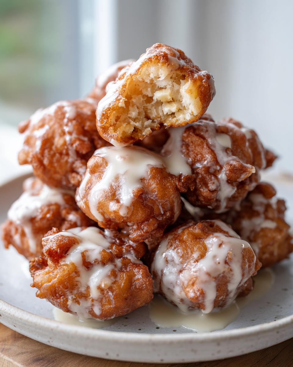 A stack of golden brown, glazed apple fritter bites, with one broken open showing the soft interior.