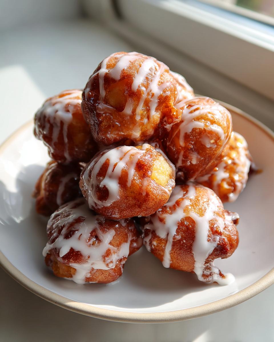 A stack of golden brown, glazed apple fritter bites piled high on a light-colored plate, catching sunlight from a window.