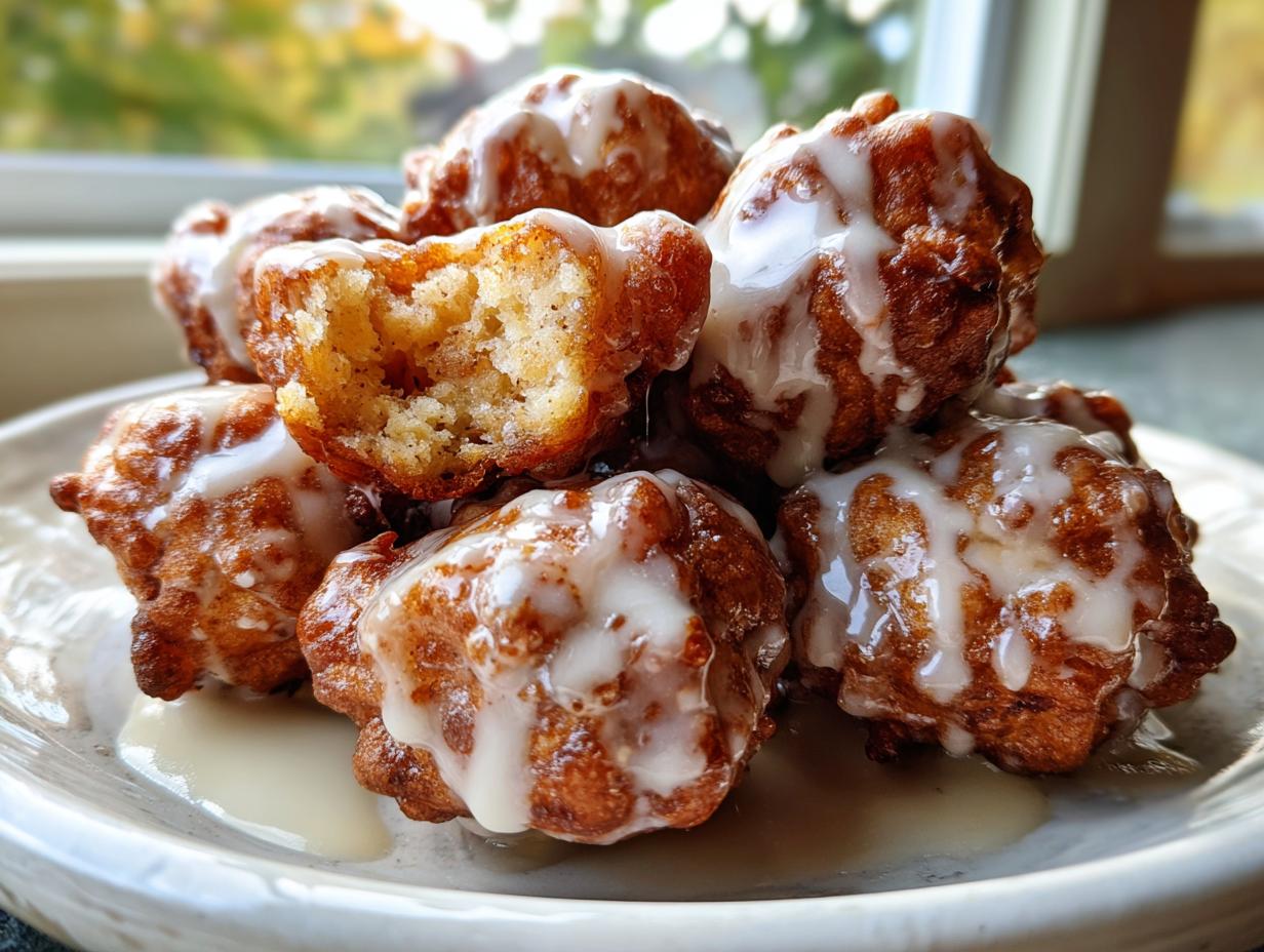 A stack of golden brown, deep-fried apple fritter pieces drizzled generously with white vanilla glaze.