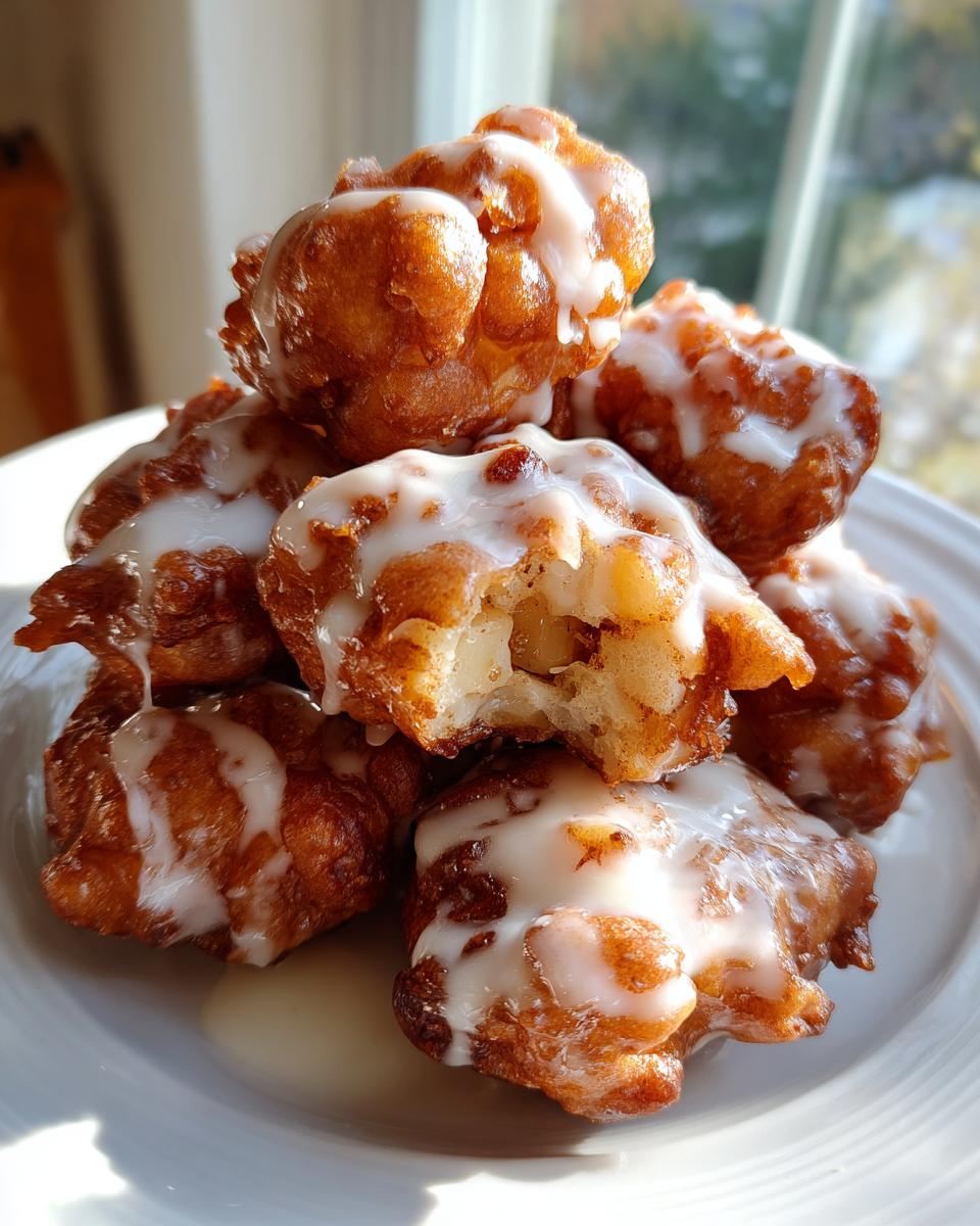 A close-up stack of golden brown, deep-fried apple fritter pieces drizzled generously with white glaze.