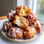 A stack of golden brown, glazed apple fritter bites, with one broken open showing soft interior and apple chunks.