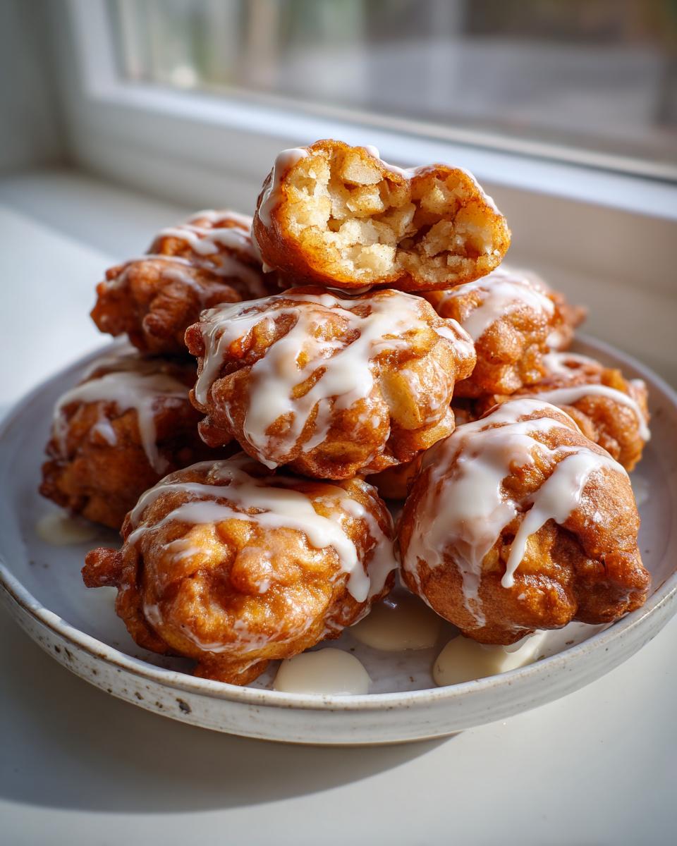 A stack of golden brown, glazed apple fritter pieces piled on a plate, with one broken open showing the soft interior.