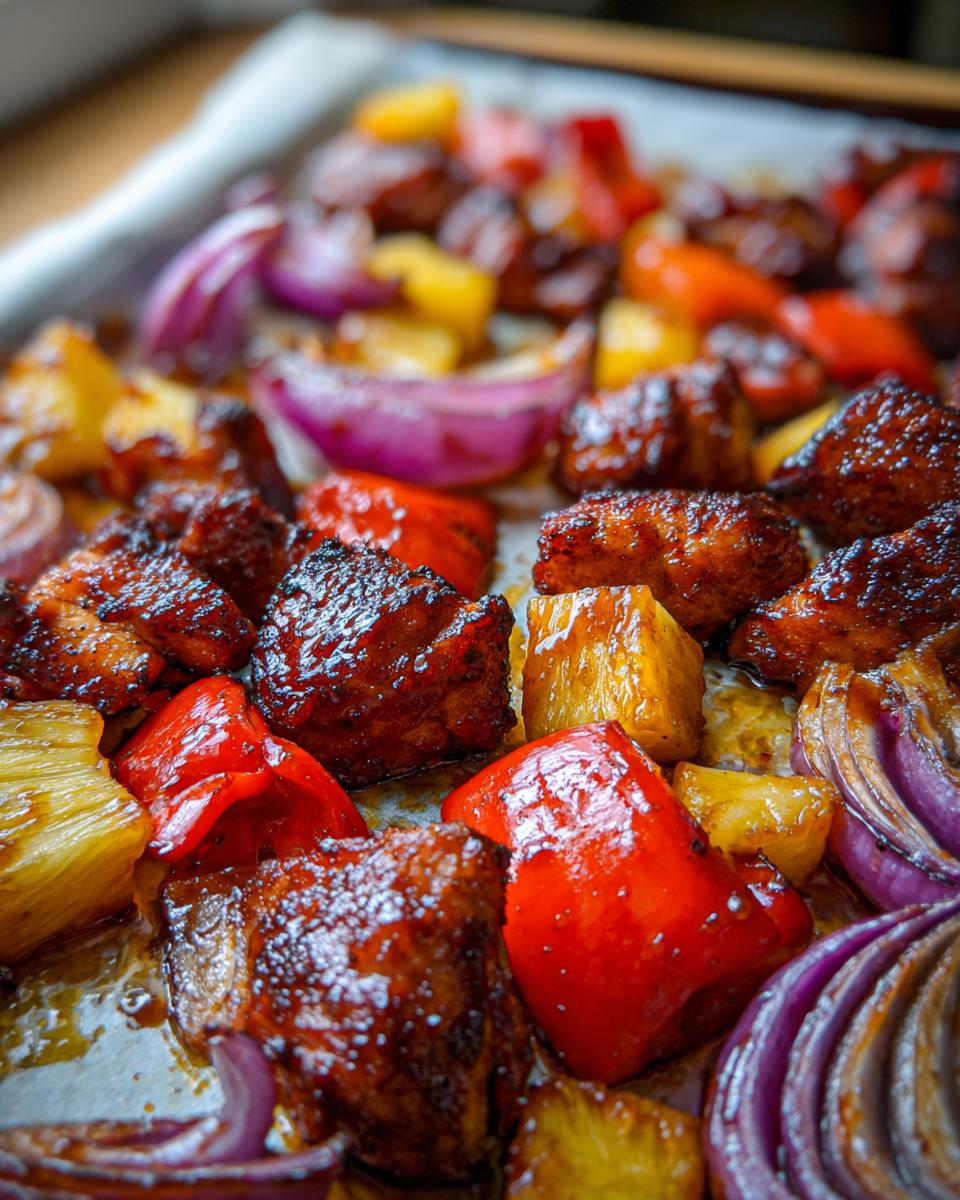 Close-up of glazed chicken pieces, red peppers, pineapple, and red onion fresh from the oven for hawaiian chicken sheet pan.