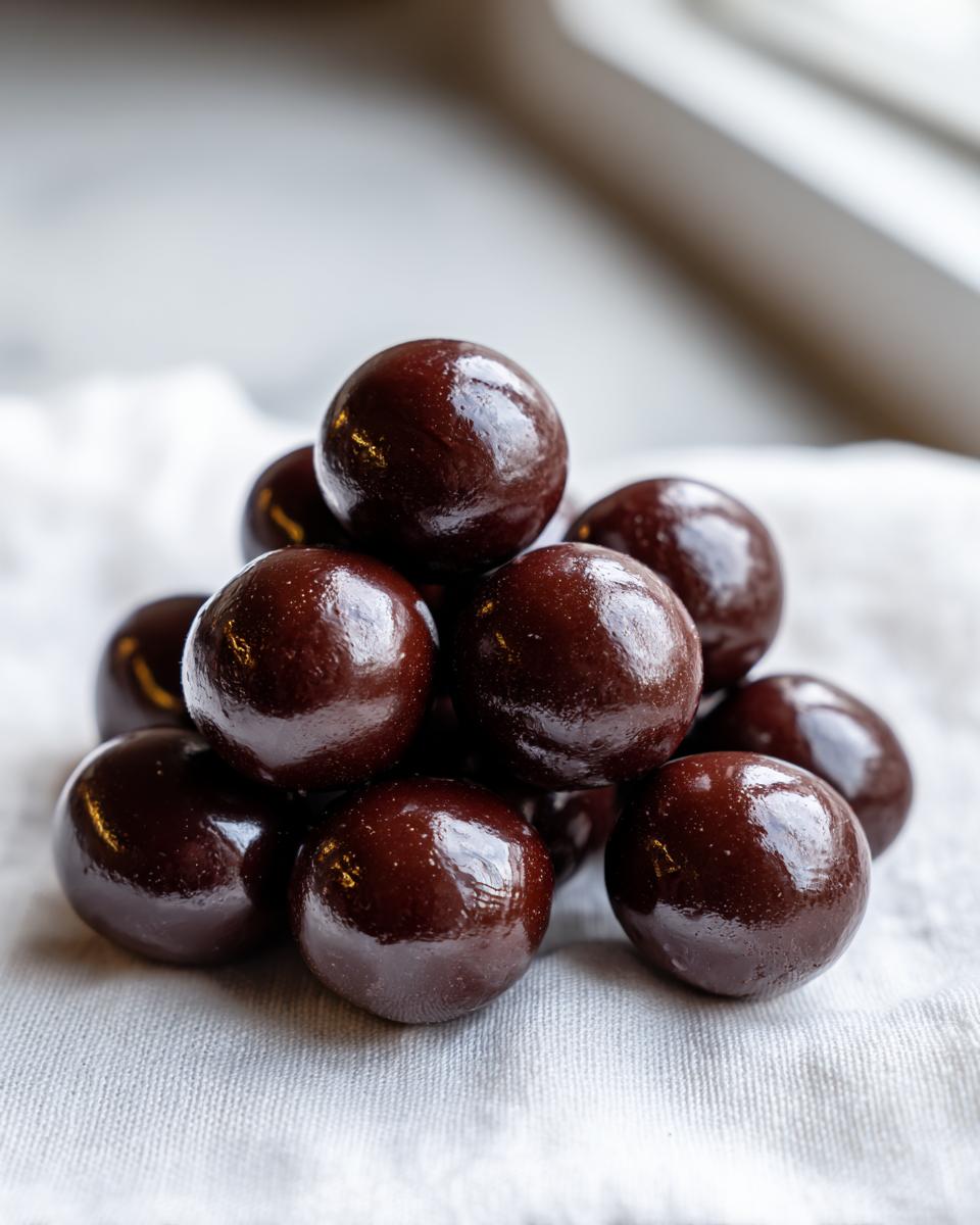 A small pile of glossy, dark brown chocolate covered cherries resting on a light-colored linen cloth.