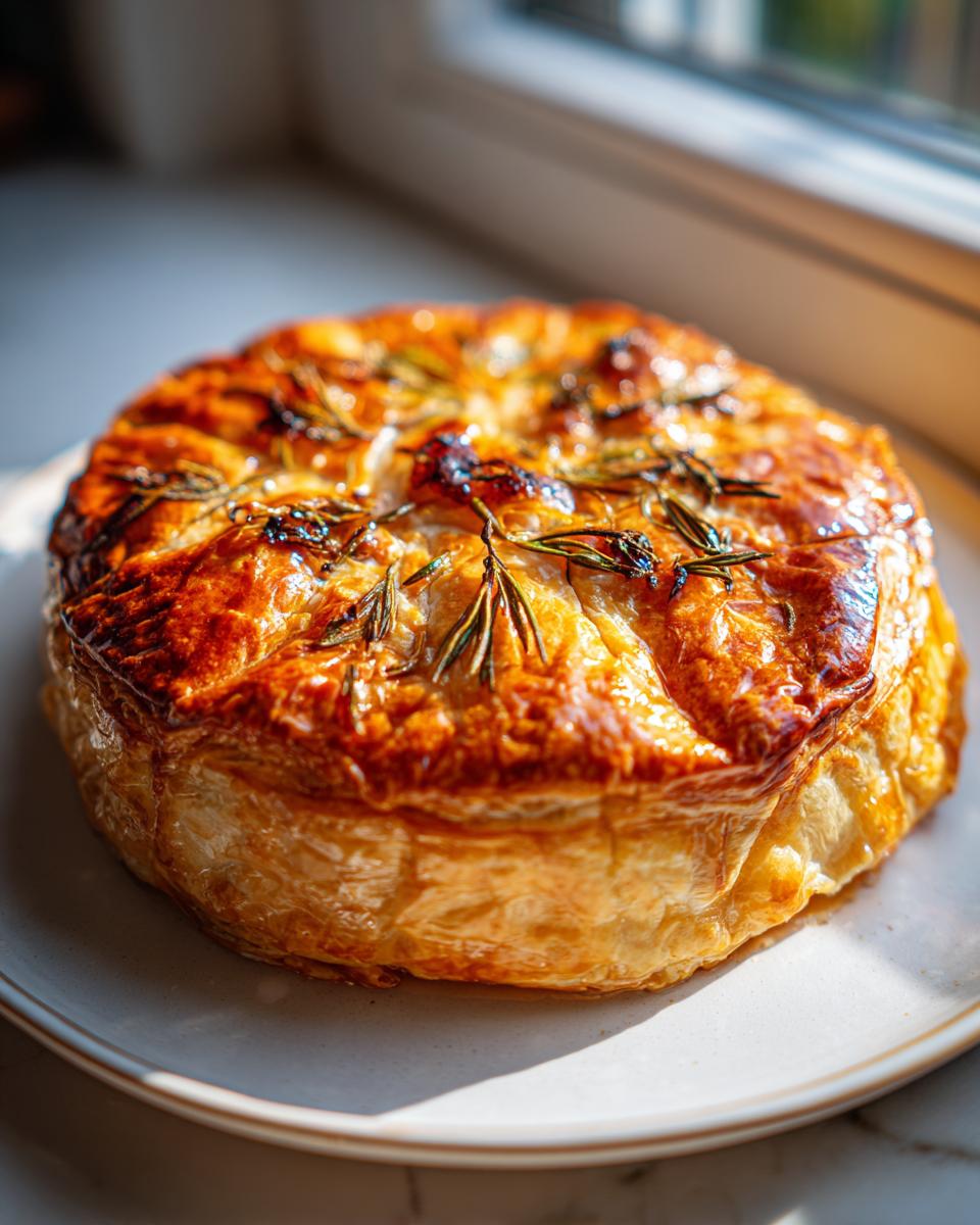 A perfectly golden, flaky puff pastry wrapped baked brie topped with fresh rosemary sprigs.