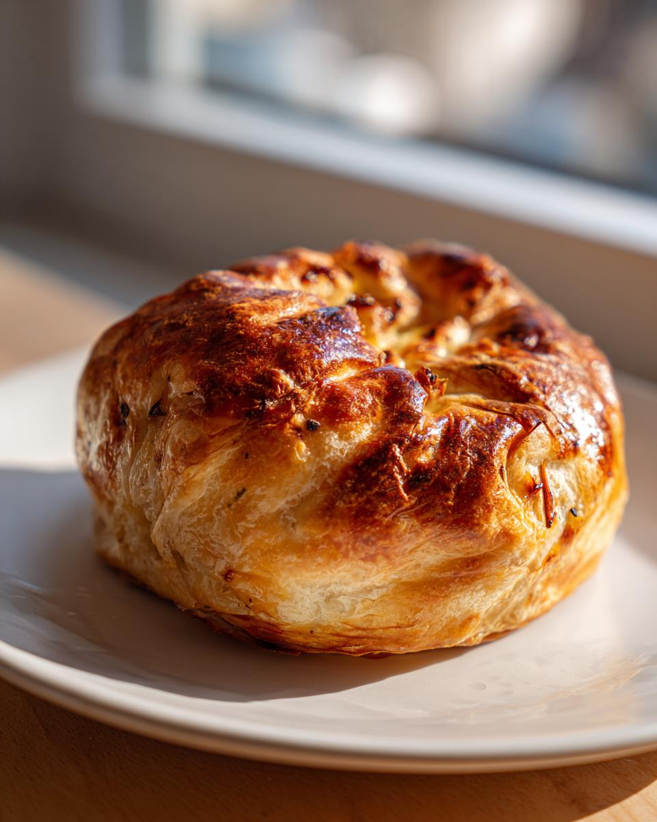 A perfectly golden brown, round baked brie wrapped in flaky puff pastry, sitting on a white plate.