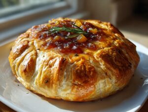 A golden brown baked brie wrapped in flaky puff pastry, topped with jam and a rosemary sprig.