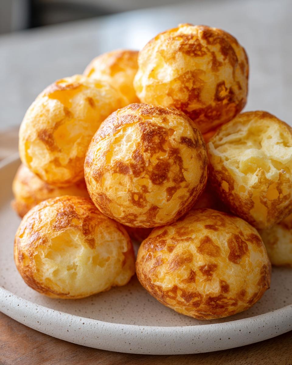A close-up stack of freshly baked, golden-brown brazilian cheese bread puffs with a slightly crispy exterior.