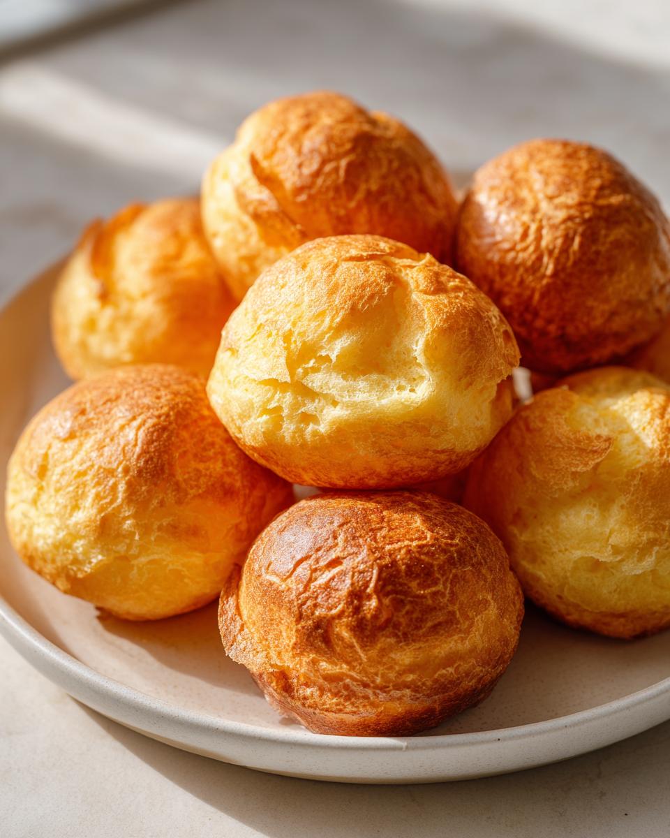 A close-up of several golden-brown, puffy brazilian cheese bread rolls stacked on a light ceramic plate.